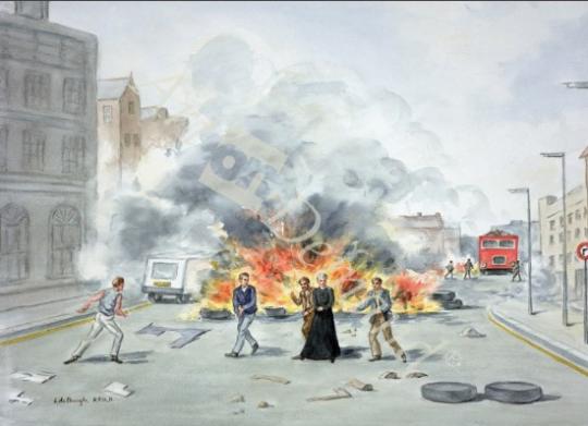 láminas y lienzos de Troubles, Belfast, mid 1970s (w/c on paper)