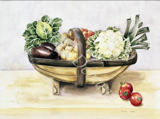 láminas y lienzos de  Still life with a trug of vegetables, 1996 (w/c)