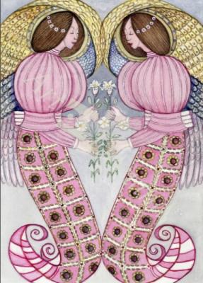 láminas y lienzos de Two angels holding tiger lilies, 1995 (w/c)