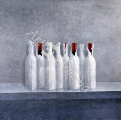 láminas y lienzos de  Wrapped bottles on grey, 2005 (acrylic on canvas)