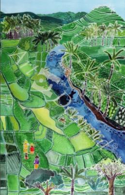 láminas y lienzos de  River Agung, Bali, 1996 (coloured inks on silk)