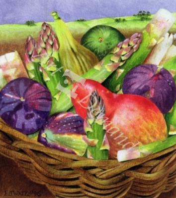 láminas y lienzos de  Red Pear with Figs and Asparagus, 1996 (acrylic on paper