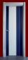 : Puerta lacada en azul con perfiles de aluminio, vidrio 5+5 laminado con butiral blanco intermedio y marco y tapajuntas de haya vaporizada maciza lacada en aluminio
