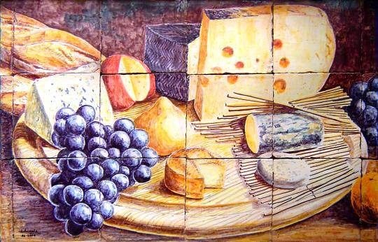 Bodegón con quesos y uvas