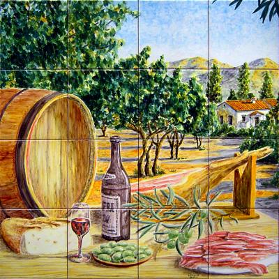 Bodegón con Jamón y vino en olivar