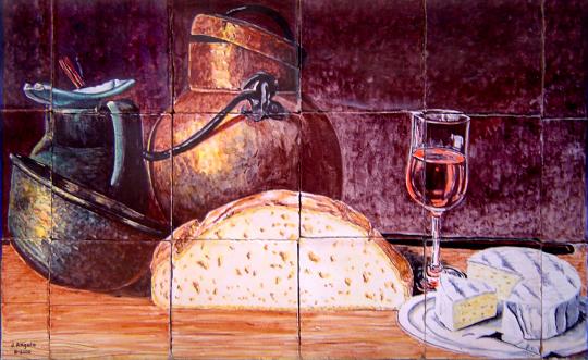 Bodegón con pan, vino, queso y cobre