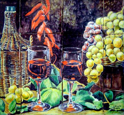 Bodegón con uvas, vino y pimientos