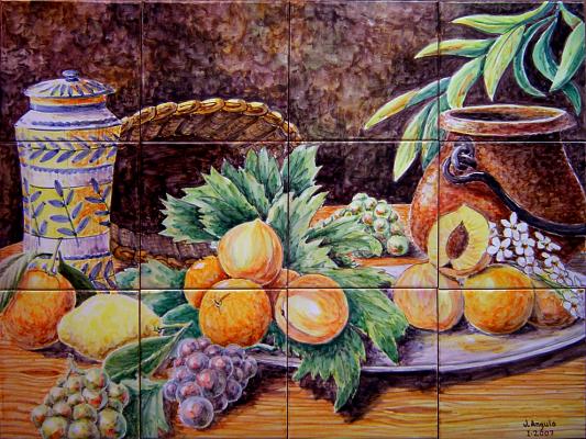 Bodegón con frutas, cerámica y cobre