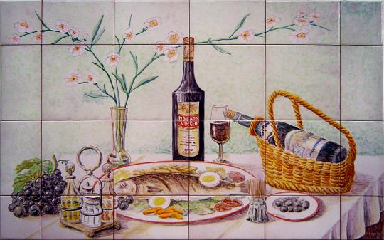 Bodegón mesa con pescado y Málaga Virgen