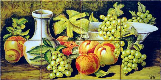 Bodegón con frutas, jarrón y cuenco de vidrio