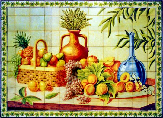 Bodegón con frutas, cesta, cántaro y florero