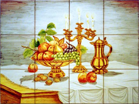 Bodegón con frutas, candelabro, jarra y frutero de cobre