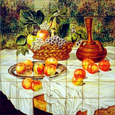 Bodeón con frutas, alcarraza y cesta de mimbre