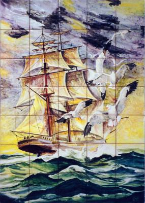 Velero en una tormenta y gaviotas