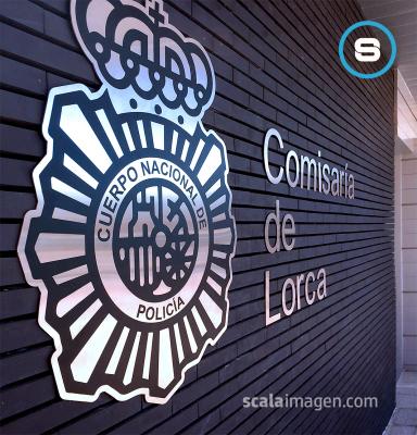 Rótulo corpóreo en acero inox corte y grabado Láser., Policia Nacional, Lorca, Murcia