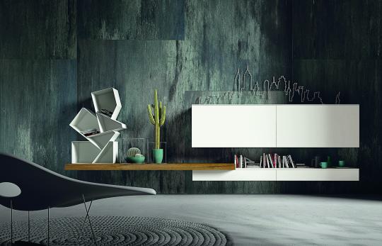 composicion minimalista con bancada de madera